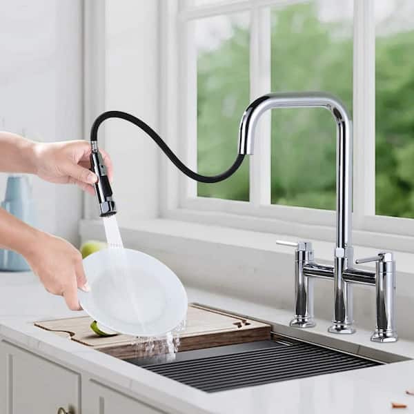 3-Hole 8 in. Double Handle Brass Bridge Kitchen Faucet with 2-Mode Pull Down Sprayer and Supply Lines in Polished Chrome