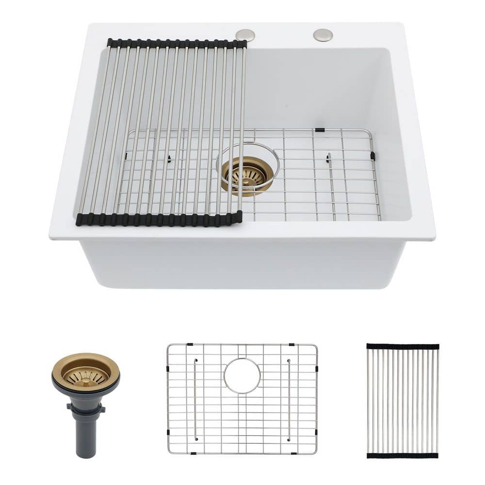25 in. Drop-In Single Bowl White Quartz Kitchen Sink with Drain Assembly price history on PriceWatchPro