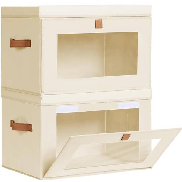 Large Beige Clothes Storage Bins with Lids Handles and Clear Window Collapsible Closet Organizer 2 Pack