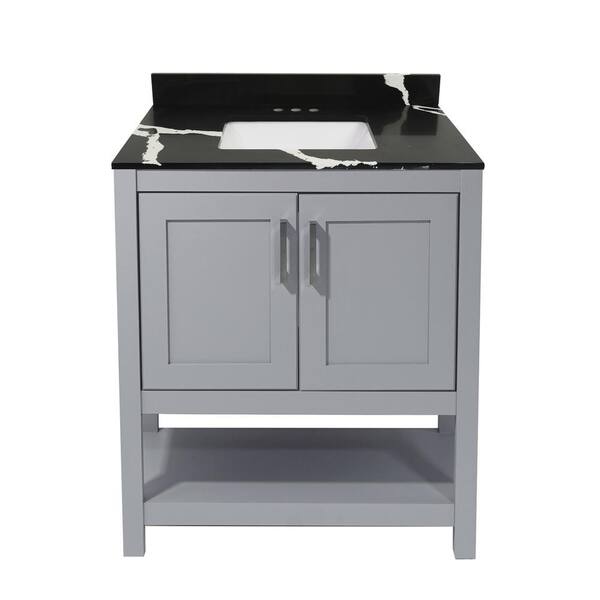 Amluxx Tufino 25 in. W x 19 in. D Bath Vanity in Gray with Quartz Stone Vanity Top in Calacatta Black with White Basin