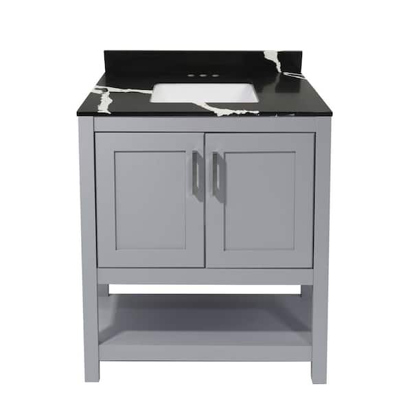 Amluxx Tufino 31 in. W x 22 in. D Bath Vanity in Grey with Quartz Stone Vanity Top in Calacatta Black with White Basin