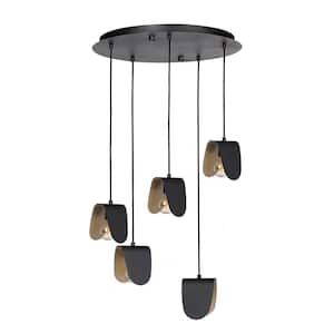 Serenara 20 in. W x 102 in. H 5-Light Statement Pendant Light with Black/Gold Metal Shades