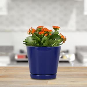 6 in. Piedmont Small Blue Ceramic Planter (6 in. D x 5.7 in. H) with Drainage Hole and Attached Saucer