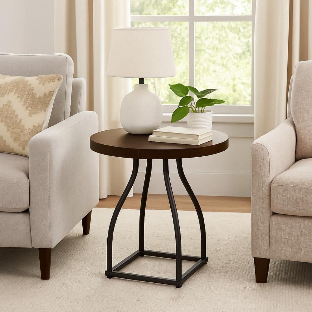 Tior 20 in. Brown and Black Round Wood and Metal Accent End Table with Black Metal Base price history on PriceWatchPro