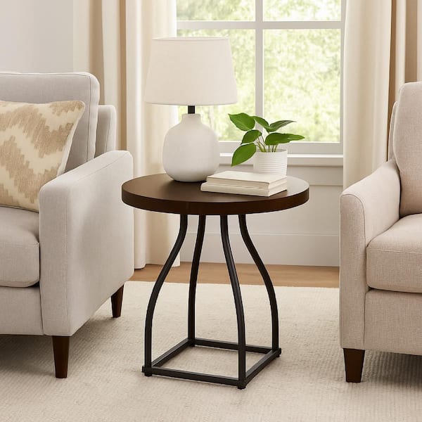 Tior 20 in. Brown and Black Round Wood and Metal Accent End Table with Black Metal Base