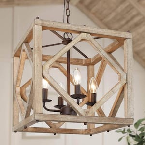 Modern Farmhouse 4-Light Brown Wood Square Chandlestick Chandelier with Aged Iron Accents Kitchen Dining Hanging Light