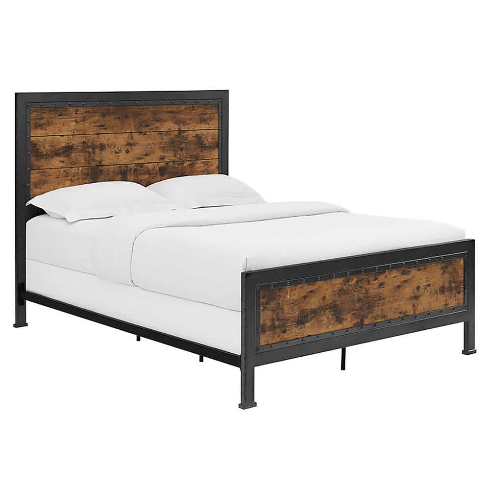 Rustic Industrial Queen Bed with Wood Headboard and Nailhead Trim
