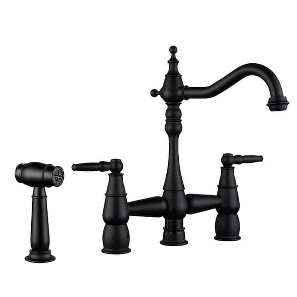 WOWOW 4 Hole Double Handle Bridge Kitchen Faucet with Side Sprayer Deck Mount in Matte Black
