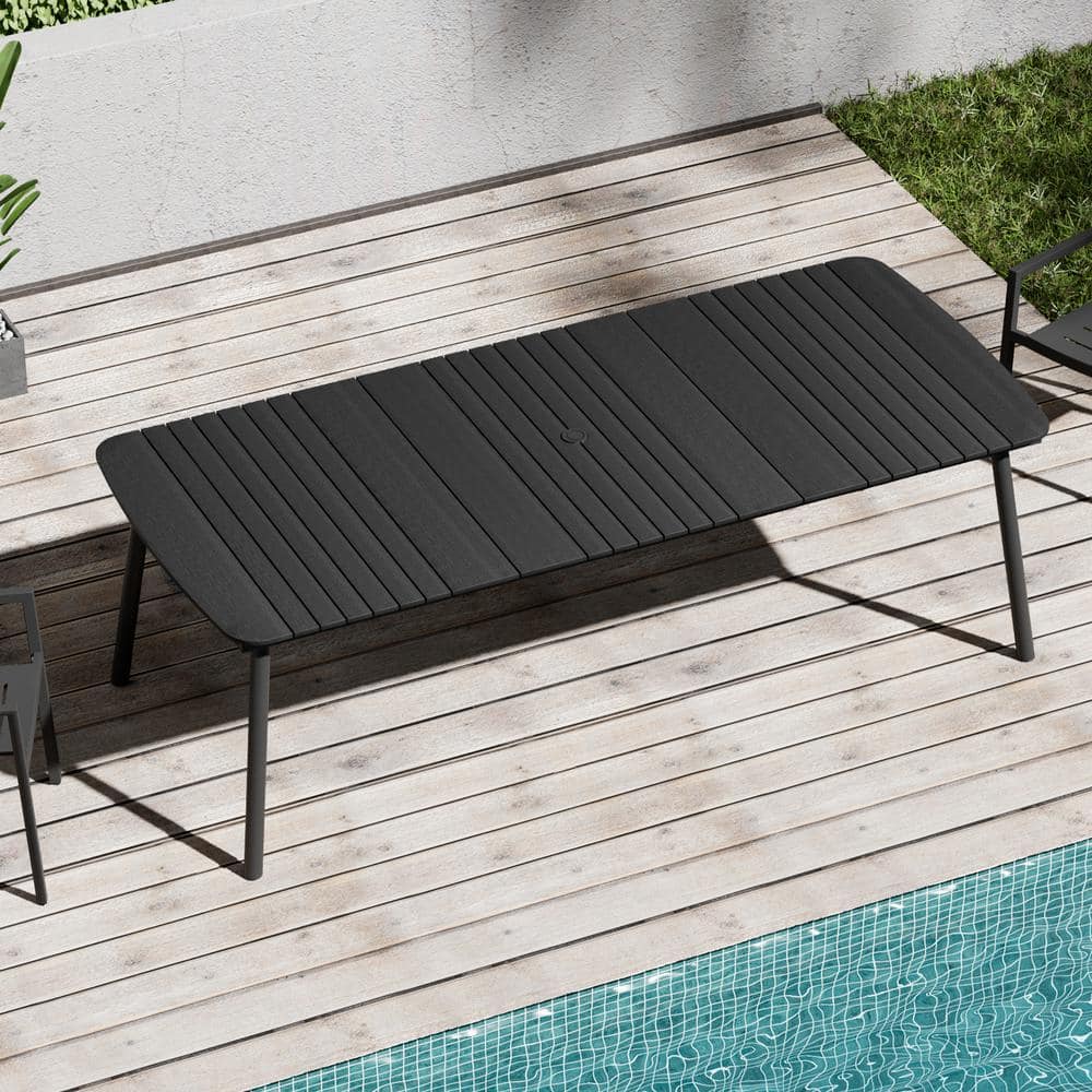 Black Rectangular 92.9 in. Aluminum Outdoor Dining Table with Umbrella Hole