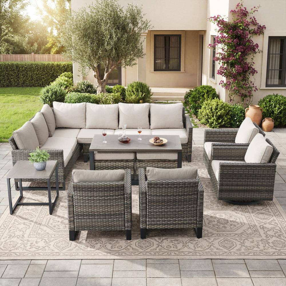 UvaNest Gray Wicker 9-Piece Outdoor Set Furniture Patio Sectional Furniture Sets Conversation Sets with Beige Cushion price history on PriceWatchPro