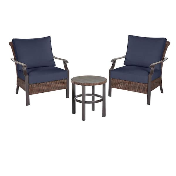 Hampton Bay Harper Creek 3-Piece Brown Steel Outdoor Patio Chair Set with CushionGuard Midnight Navy Blue Cushions