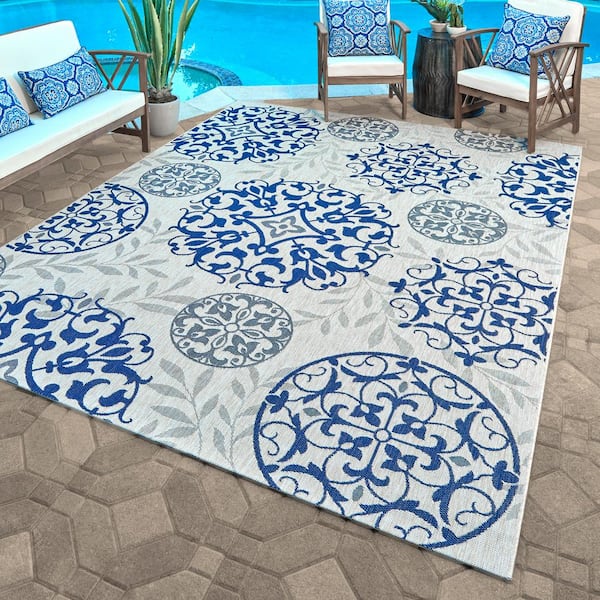 Paseo Emilia Grain/Navy 9 ft. x 13 ft. Medallion Indoor/Outdoor Area Rug