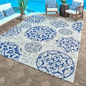 Paseo Emilia Grain/Navy 5 ft. x 7 ft. Medallion Indoor/Outdoor Area Rug