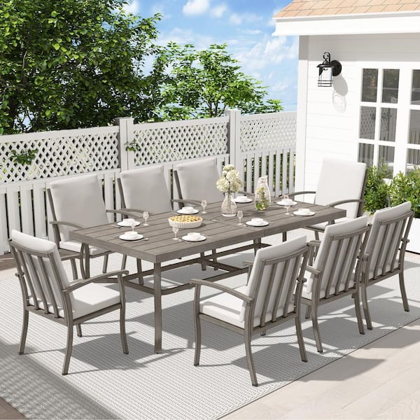 AluLux 9-Piece Aluminum Outdoor Dining Set with Rectangle Table and Gray Cushions