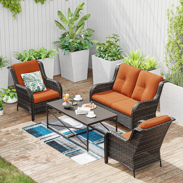 JOYSIDE 4-Piece Wicker Patio Conversation Set and Chairs with Orange Cushions and Brown Steel Table