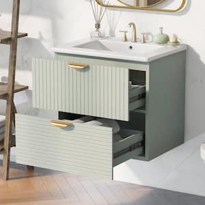 24 in. W x 18 in. D x 23 in. H Wall-Mounted Bathroom Vanity in Green with White Ceramic Top Single Sink with 2-Drawers