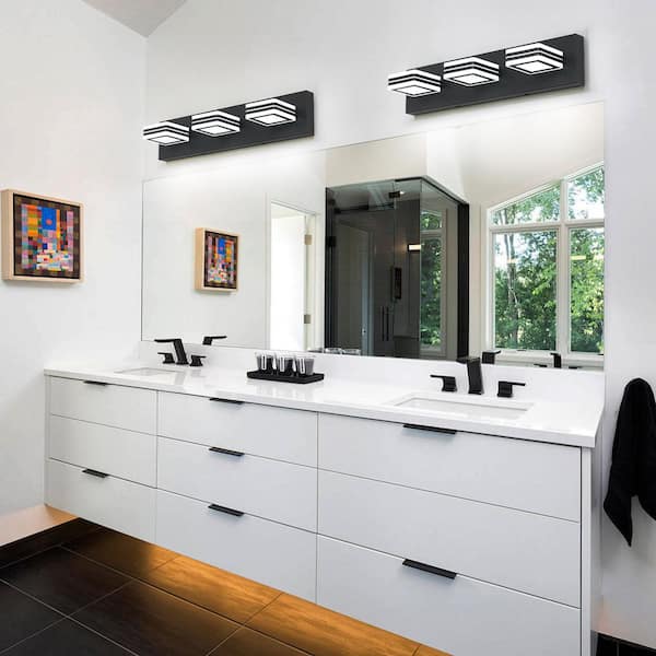 20 in. Modern 3-Light Black LED Vanity Light Over Mirror Bath Wall Lighting Fixtures with Square Acrylic Lampshades