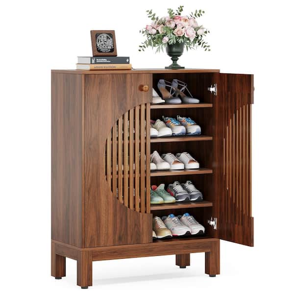 BYBLIGHT 39 in. H x 28.7 in. W Brown Wood Shoe Storage Cabinet with Doors and 5 Adjustable Shelves for Entryway, Hallway