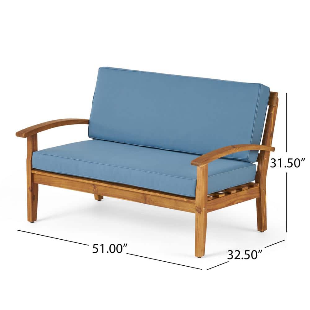 Acacia Wood Loveseat and Coffee Table Set with Blue Cushions