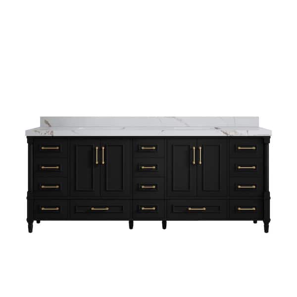 Willow Collections Hudson 84 in. W x 22 in. D x 36 in. H Double Sink Bath Vanity in Black with 2 in. Calcutta Gold Top