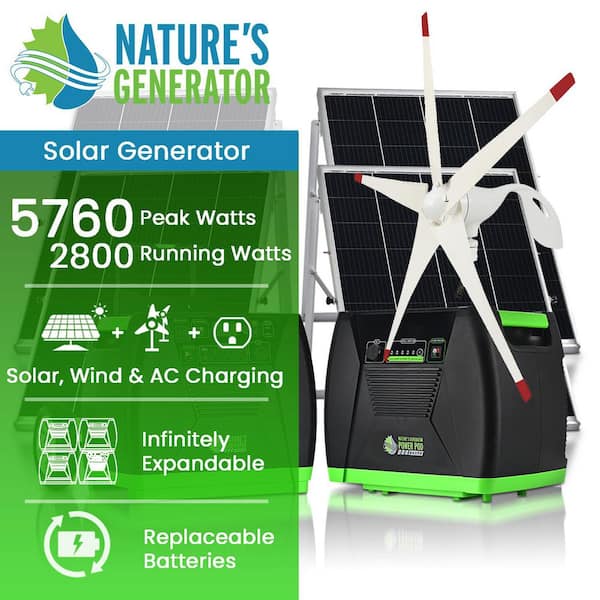 ELITE 3600-Watt/5760W Peak Push Button Start Solar Powered Portable Generator w/ 4 Solar Panels, Power Pod, Wind Turbine