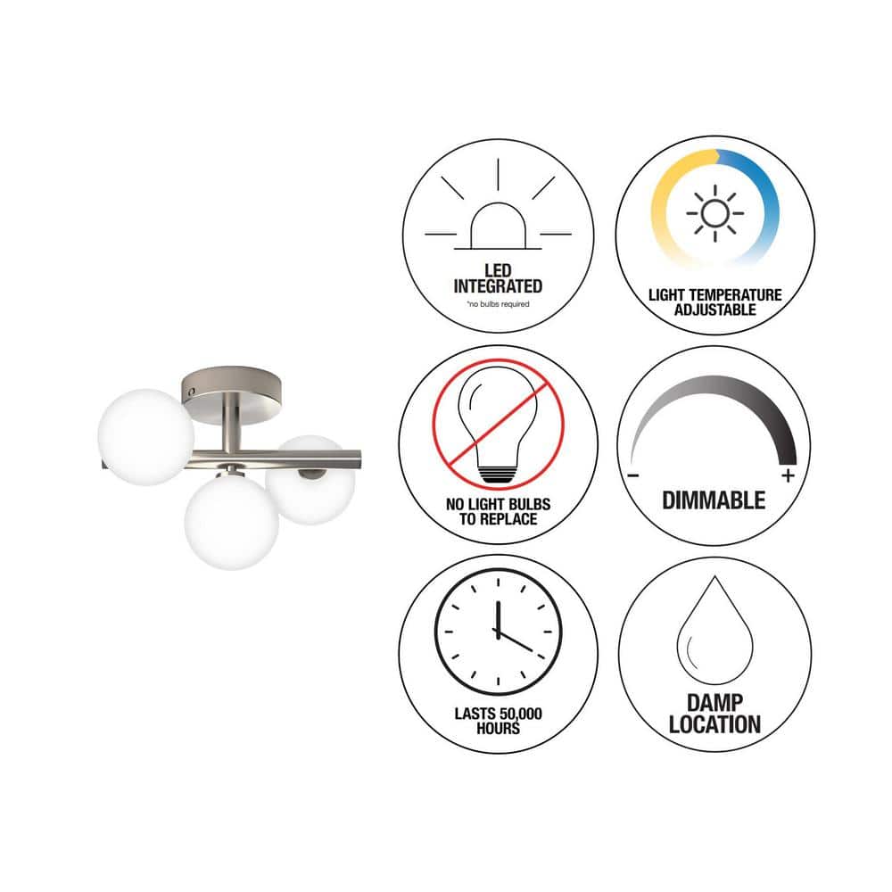 Modern Brushed Nickel 3-Globe LED Flush Mount Ceiling Light