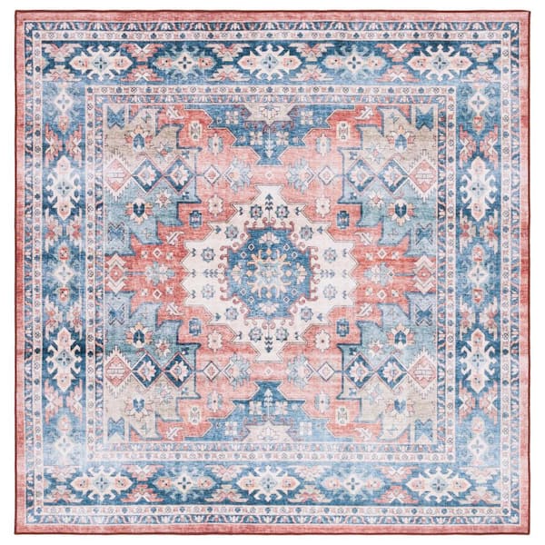 SAFAVIEH Arizona Blue/Rust 6 ft. x 6 ft. Distressed Border Ornate Machine Washable Square Area Rug