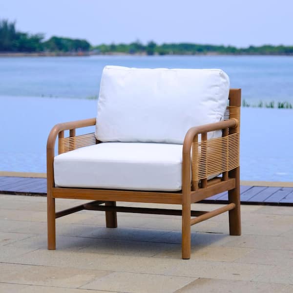 POSH POLLEN Westwood Teak Outdoor Lounge Chair with White Cushions