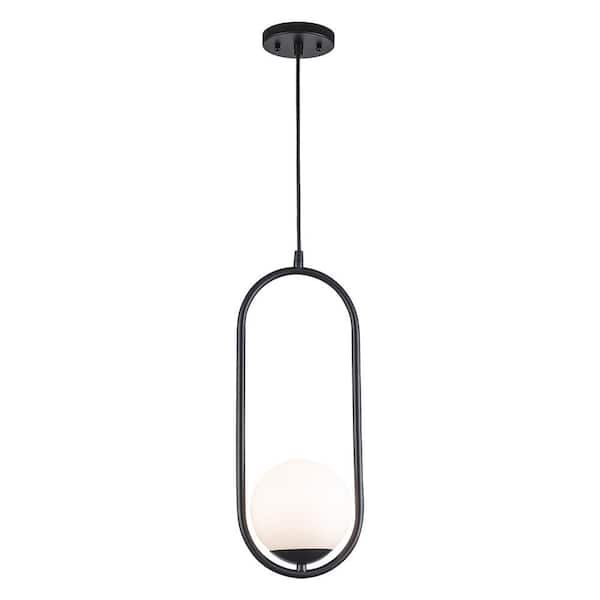 Monteaux Lighting 8 in. 1-Light Black Hanging Mini Pendant Light Fixture with Opal Glass Globe Shade