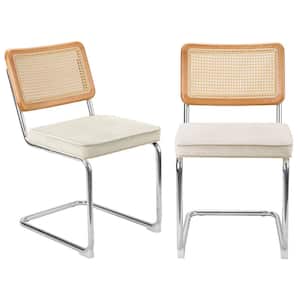 Upholstered Rattan Outdoor Dining Side Chairs with Cane Backrest, Chromed Metal Frame and Cream Cushion (Set of 2)