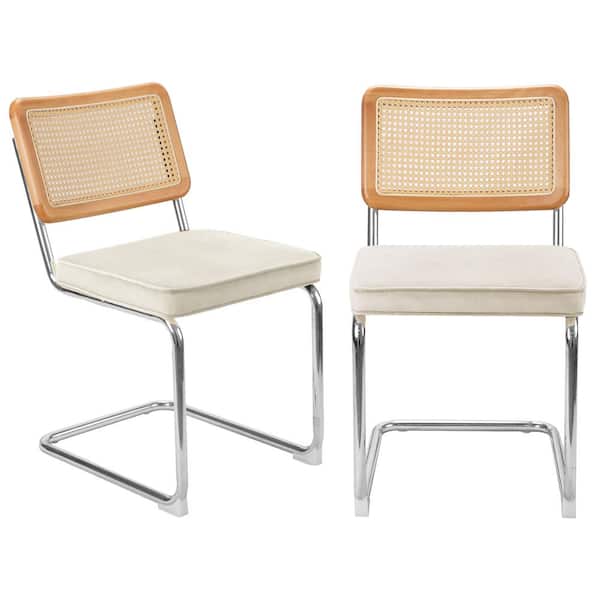 JOYSIDE Upholstered Rattan Outdoor Dining Side Chairs with Cane Backrest, Chromed Metal Frame and Cream Cushion (Set of 2)