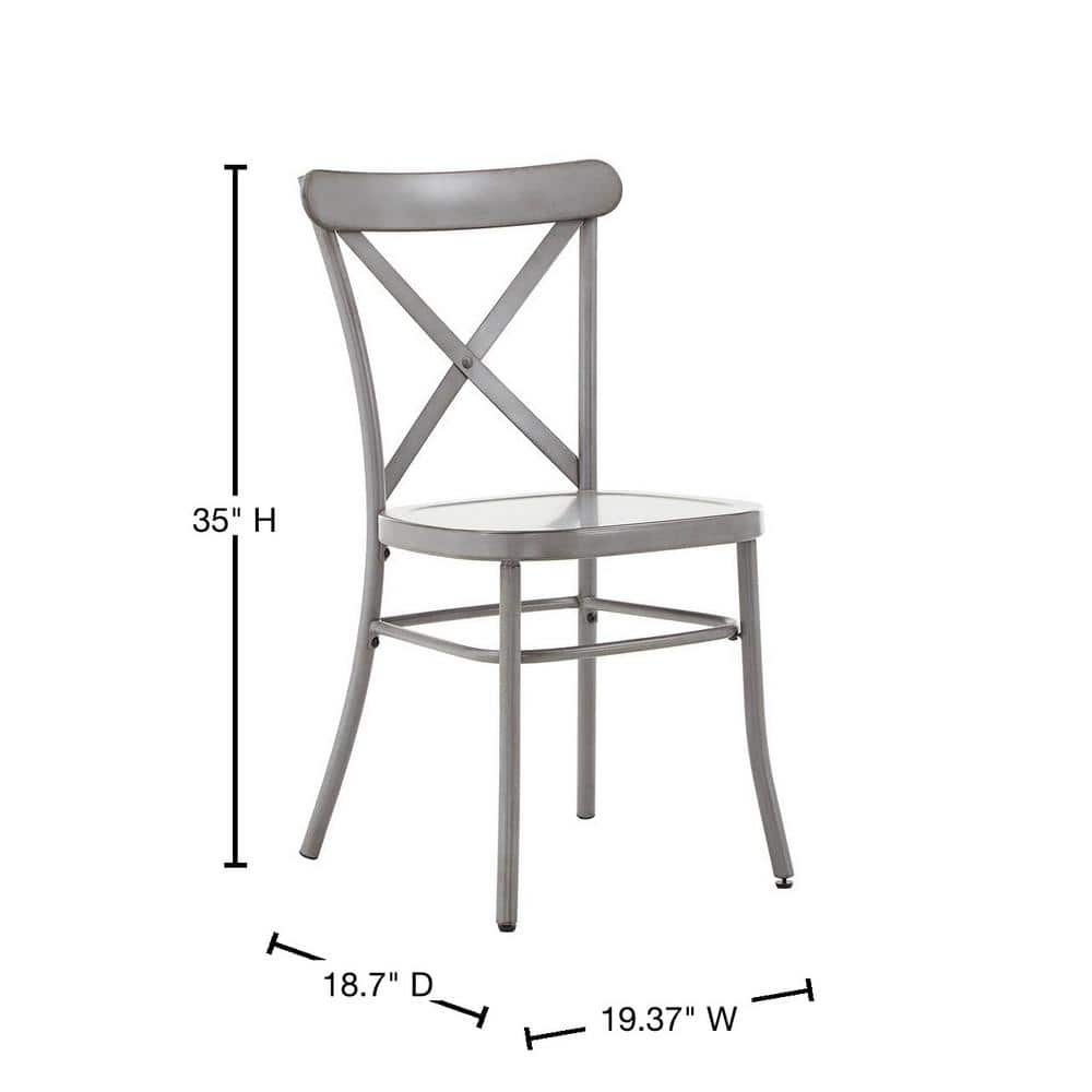 Antique grey finish metal dining chair with dimensions indicated.