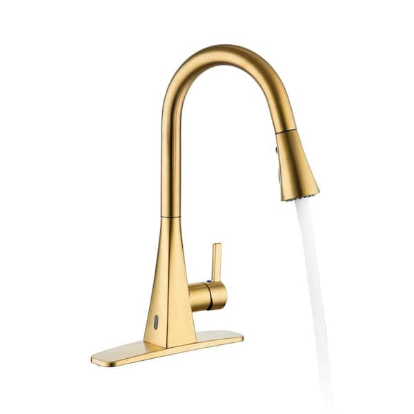 Smart Touchless Dual-Sensor Brushed Gold 17.3 in. H Pull-Down Kitchen Faucet with 360° Spout Swivel, 3-Function Sprayer