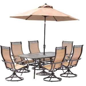 Manor 7-Piece Aluminum Rectangular Outdoor Dining Set with Swivels, Cast-Top Table, Umbrella and Base