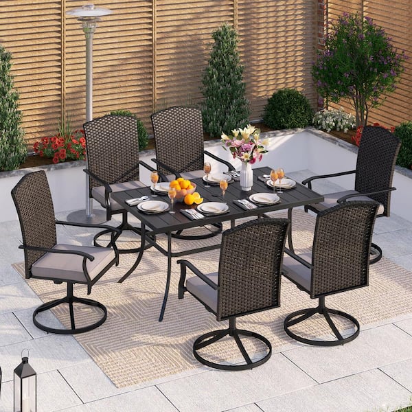 PHI VILLA Black 7-Piece Metal Patio Outdoor Dining Set with Rectangle Table and Rattan Chairs with Beige Cushion