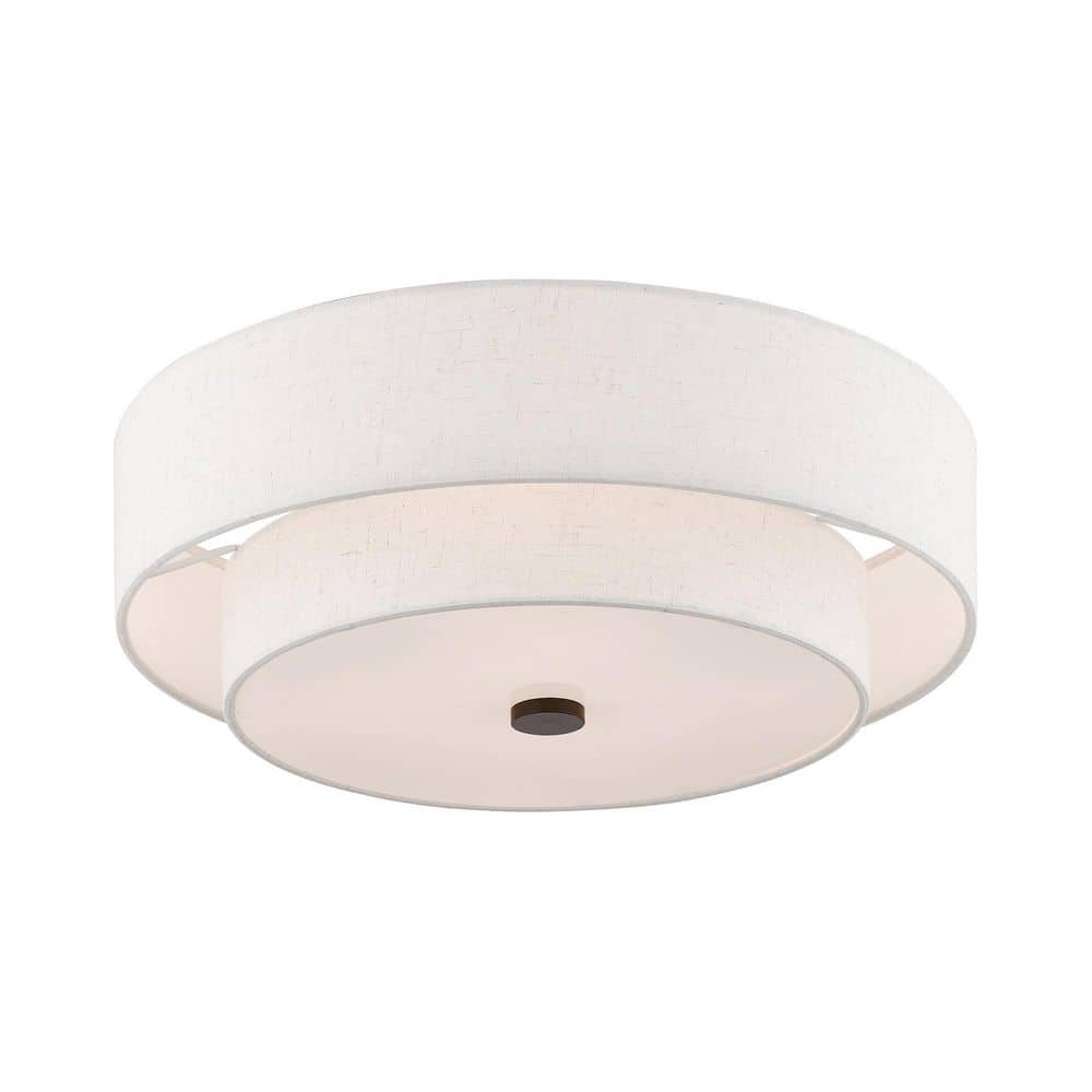 English Bronze 4-Light Indoor/Outdoor Drum Ceiling Fixture with Oatmeal Shade