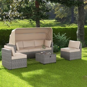 6-Piece Gray Wicker Outdoor Sectional Set Rattan Daybed with Beige Cushions Retractable Canopy and Adjustable Backrest