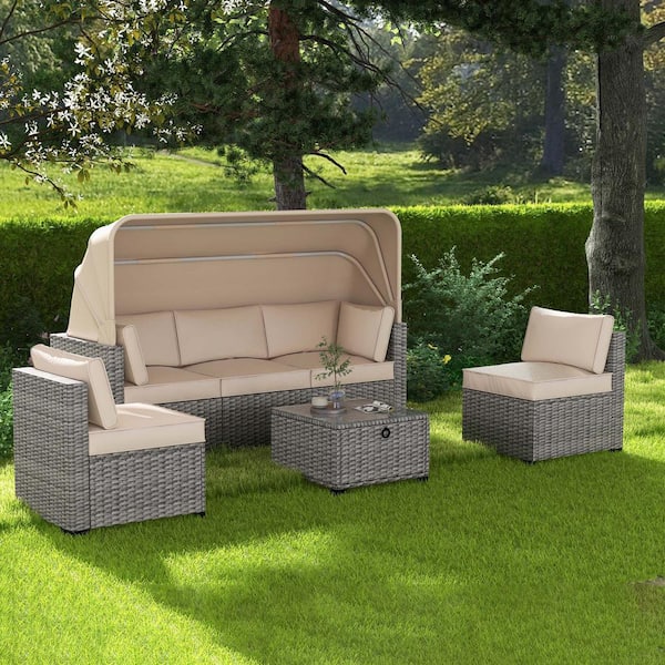 Tenleaf 6-Piece Gray Wicker Outdoor Sectional Set Rattan Daybed with Beige Cushions Retractable Canopy and Adjustable Backrest
