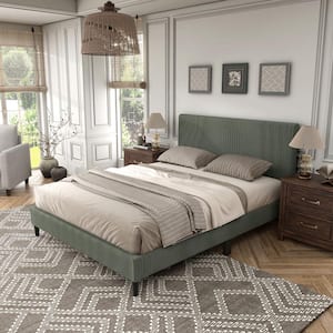 Claude Green Wood Frame Queen Platform Bed With Removable Corduroy Cover