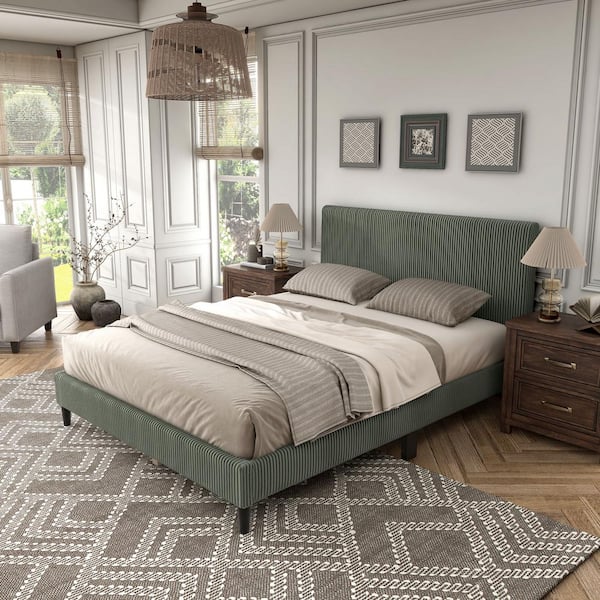 Furniture of America Claude Green Wood Frame Queen Platform Bed With Removable Corduroy Cover