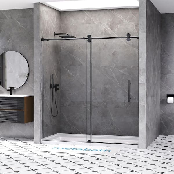 66 to 72 in. W x 76 in. H Single Sliding Frameless Shower Door in Matte Black with 5/16 in. Tempered Clear Glass