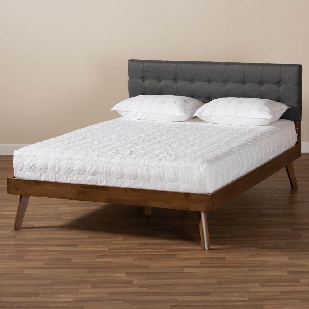 Queen Walnut Wood Platform Bed with Gray Tufted Upholstered Headboard