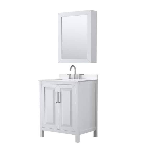 Wyndham Collection Daria 30 in. W. x 22 in. D x 35.75 in. H Single Bath Vanity in White with White Quartz Top and Medicine Cabinet