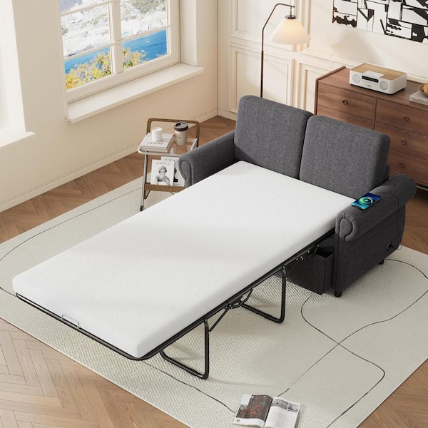 Harper & Bright Designs 58 in. Gray Linen Twin Size 2-Seat Sofa Bed with Memory Mattress
