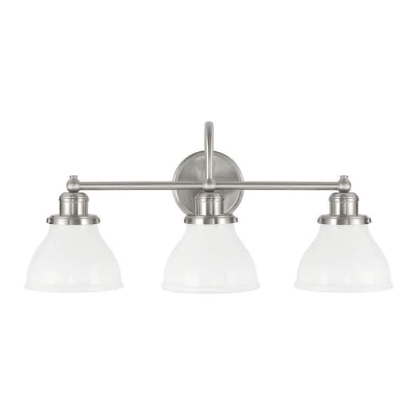 Unbranded Baxter 24 in. W x 11 in. H x 8 in. E 3-Light Brushed Nickel Vanity Light with Milk Glass