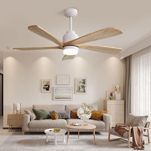 52 in. Indoor/Outdoor Smart Downrod White Wood Ceiling Fan with LED Light and APP Remote Control