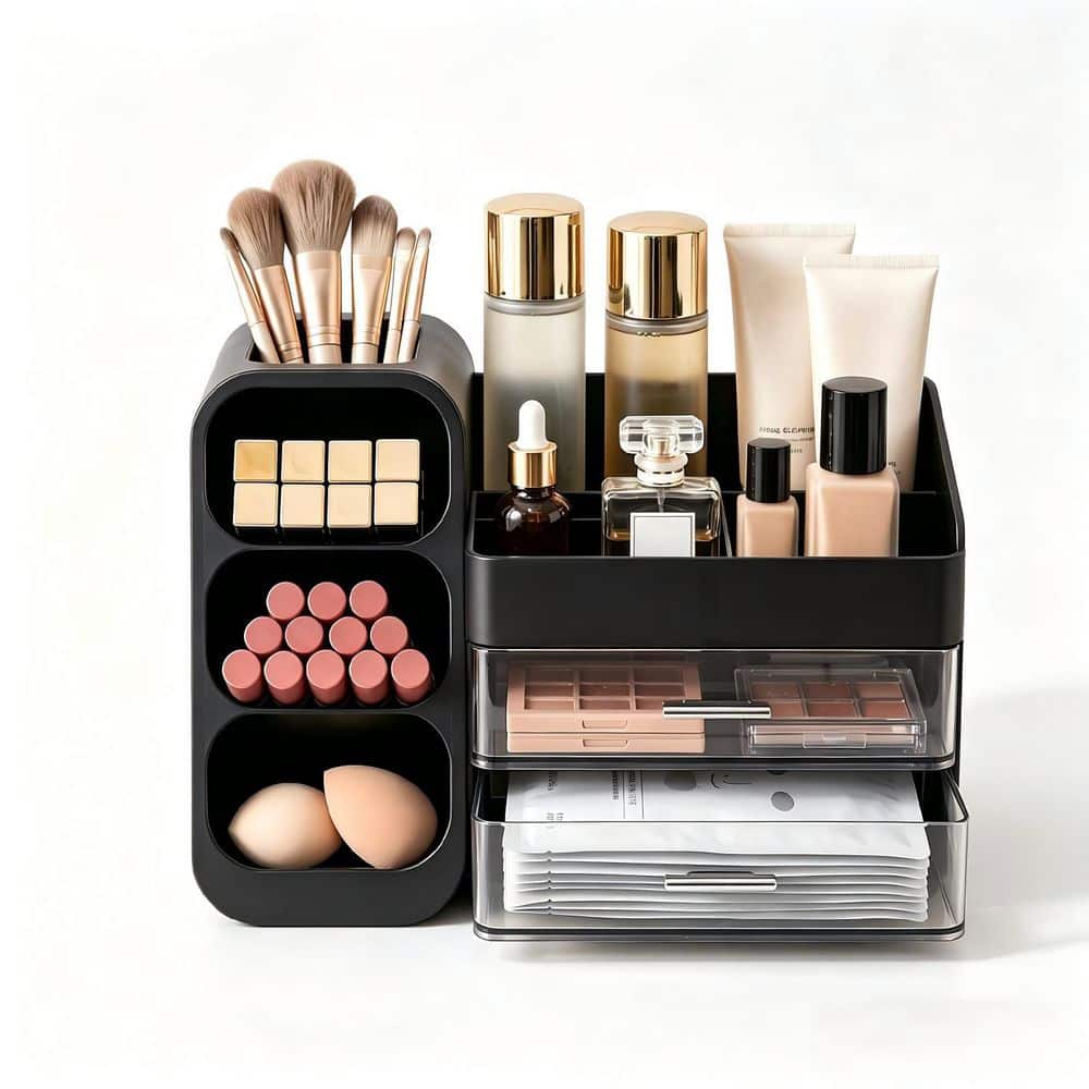 MO01-BK Black Makeup Organizer, 13.78 in. L x 9.84 in. W x 7.09 in. H Large Vanity Organizer for Bathroom Countertop