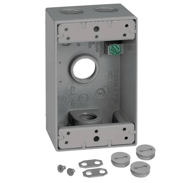 Commercial Electric 1-Gang Metal Weatherproof Electrical Outlet Box with (4) 1/2 inch Holes, Gray
