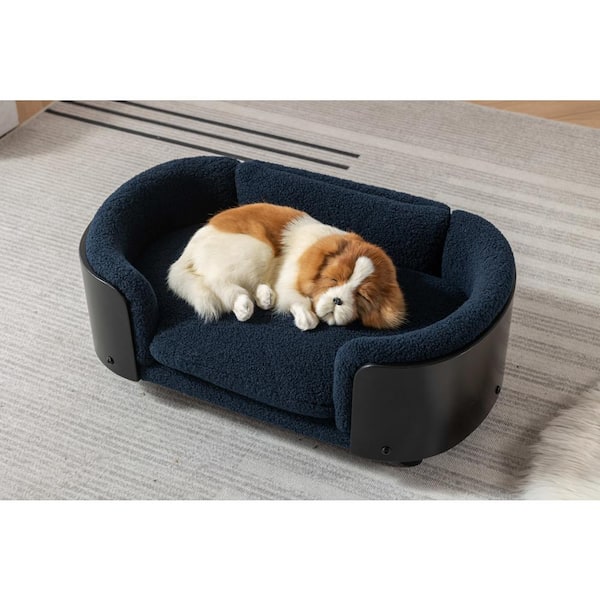 Unbranded 26.38 in. W Small Elevated Dog Bed Pet Sofa Solid Wood legs and Walnut Bent Wood Back Cashmere Cushion in Dark Blue