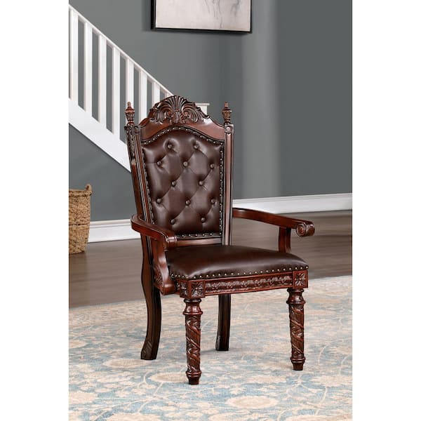 La Salla Traditional Brown Cherry and Dark Brown Faux Leather Button Tufted Arm Chairs (Set of 2)